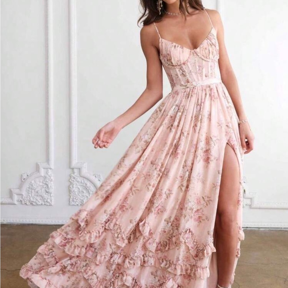 Blush Pink Floral Ruffle Maxi Dress